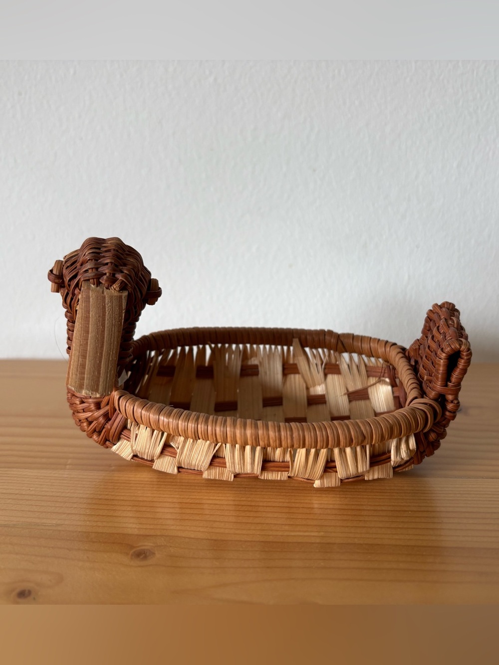 Vintage Wicker Duck Basket | Mid Century Rattan Catchall Bowl Wood Beak